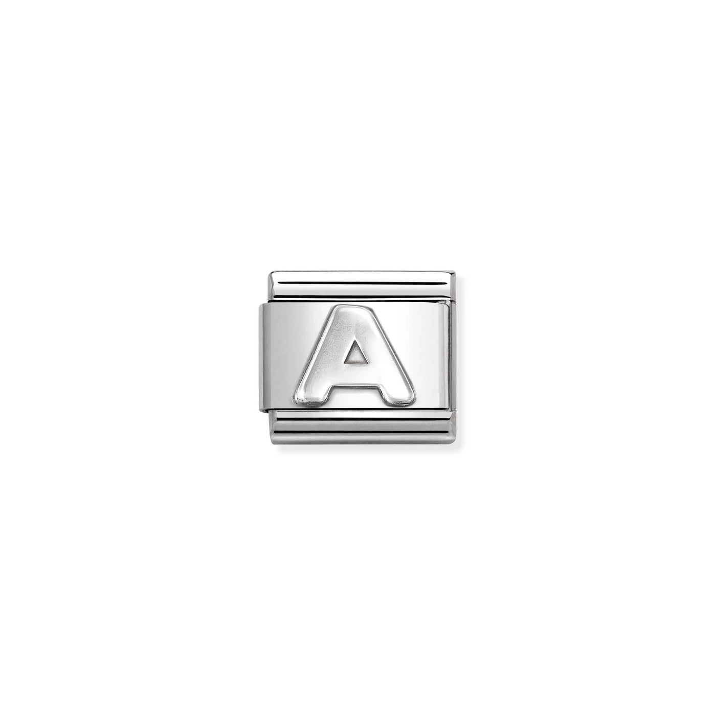 Letter A in silver on stainless steel.