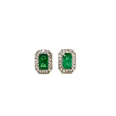 10ct White Gold Emerald Earrings with Diamond Halo