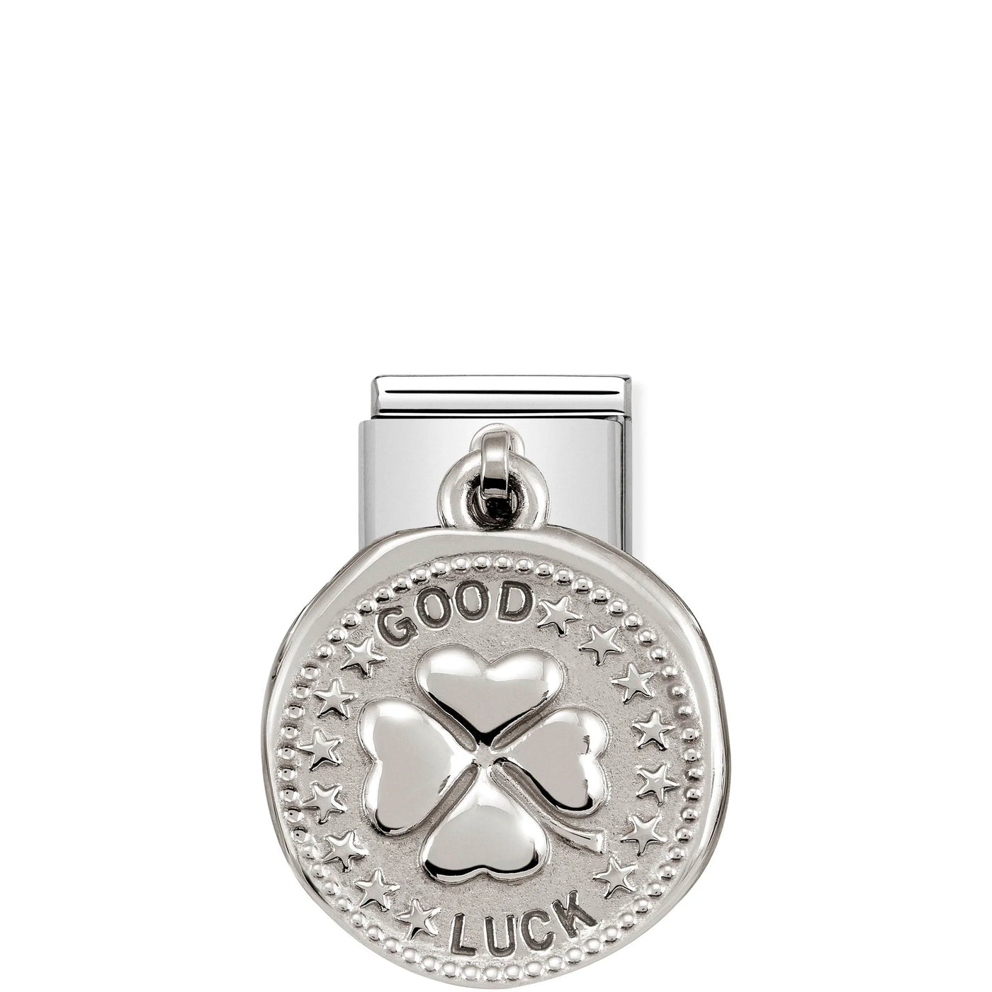 Four leaf clover (shamrock) charm and "Good Luck" inscription in sterling silver & stainless steel.