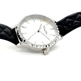 Black leather watch silver dial