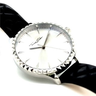 Black leather watch silver dial