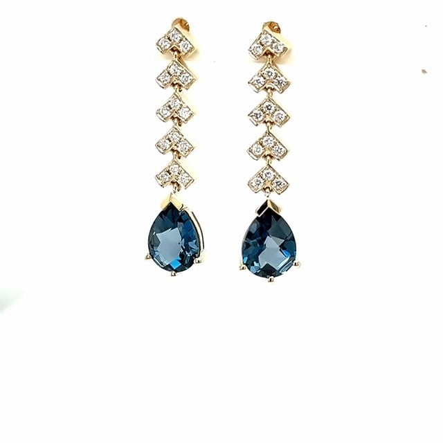 London Blue Topaz & Diamond Pear Long Drop Earrings