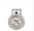 Four leaf clover (shamrock) charm and "Good Luck" inscription in sterling silver & stainless steel.