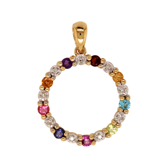 9ct Yellow Gold Assorted Stones and Diamond Circle Pendant
