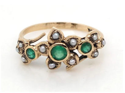 Emerald & Pearl Antique Style Flower Dress Ring