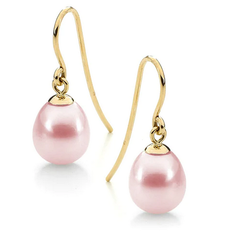 Gold Pink Drop Freshwater Hook Earrings - 9-9.95mm
