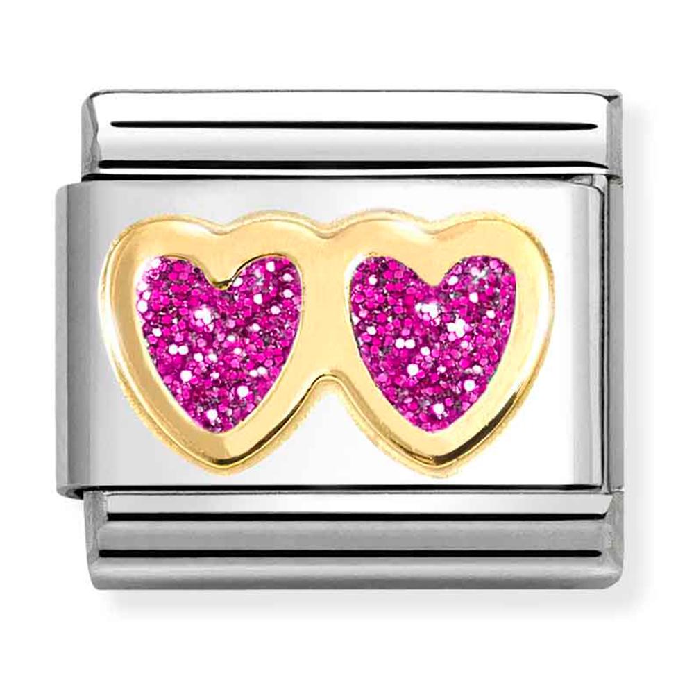 Pink Glitter Double Heart on stainless steel