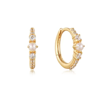 Gold Pearl and White Sapphire Huggie Hoops