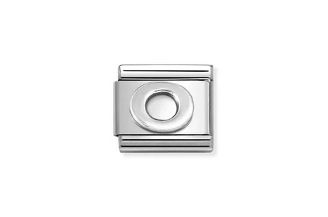 Letter O in silver on stainless steel.