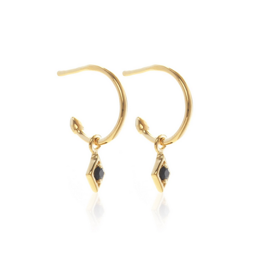 Black Spinel Hoop Earrings - Diamond-Shape Pendant Detail - GP