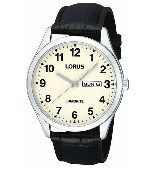 Lorus Mens Steel Lumbrite Dial - Black Leather Strap