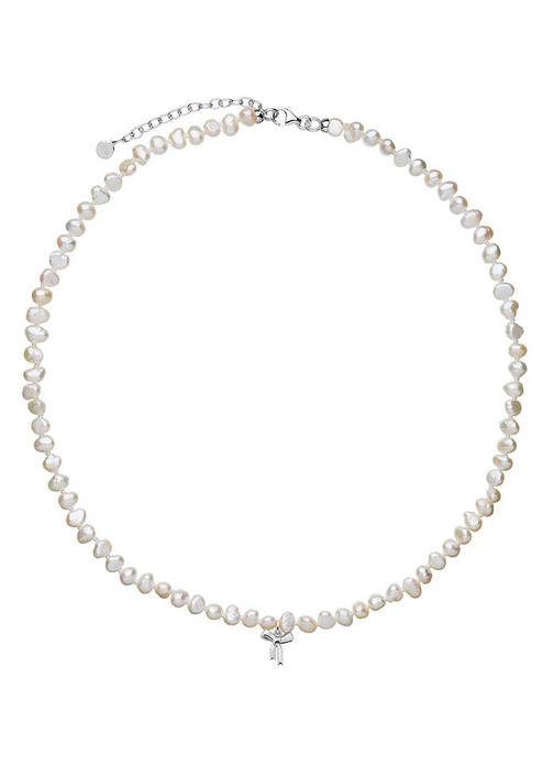 Petite Bow with Pearls Necklace Silver