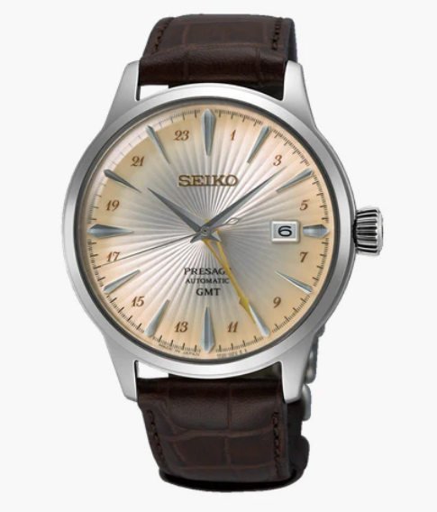 Seiko Presage Automatic GMT Brown Leather Strap Watch