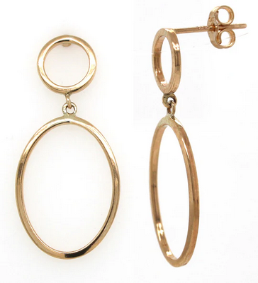 Double Circle - Oval Drop Earrings - 9K YG