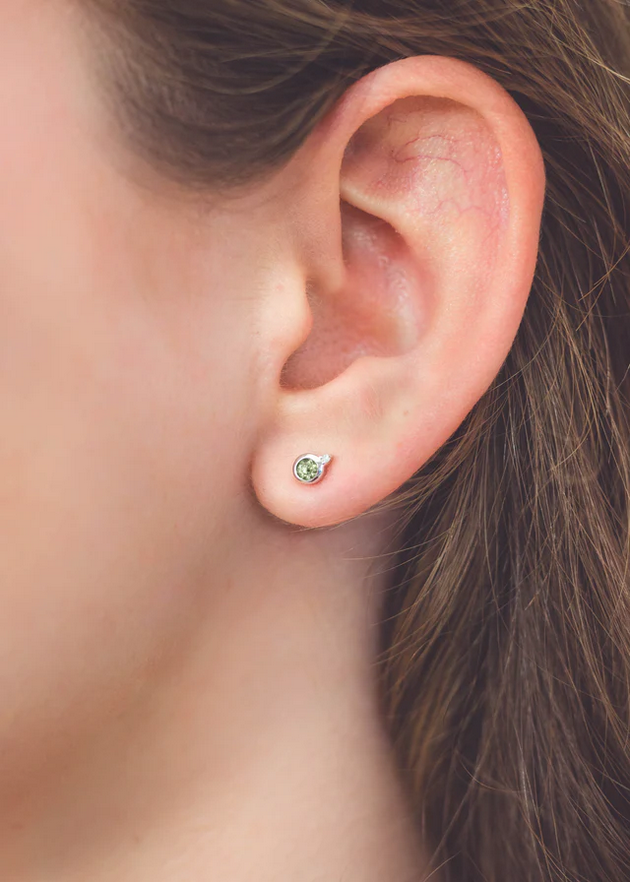 Natural Peridot and Two Natural Diamond August Earrings in Silver.