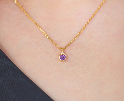 Natural Amethyst and Diamond February Pendant in Gold.