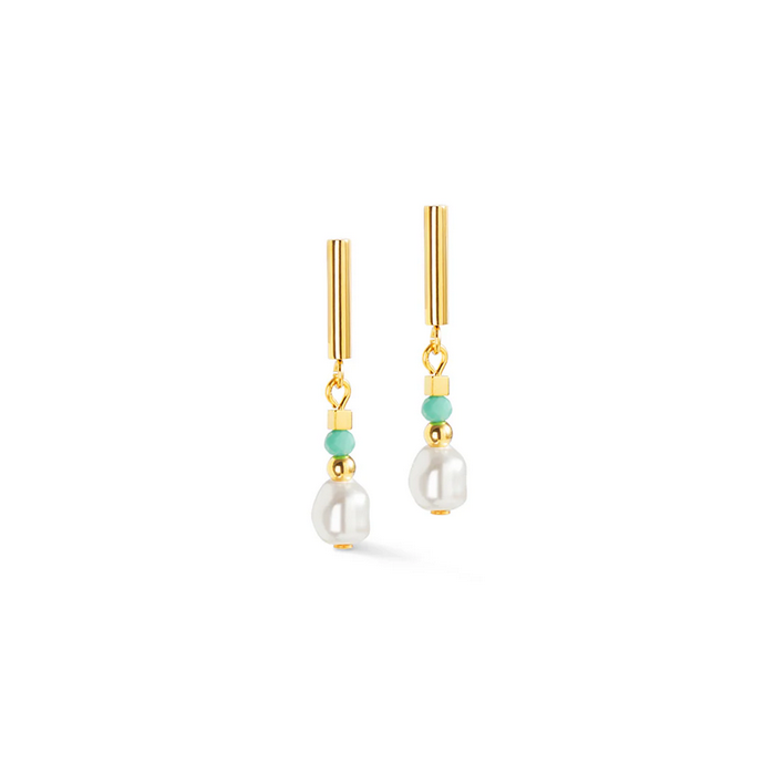 Crystal Pearl, Turquoise & Gold Earrings.