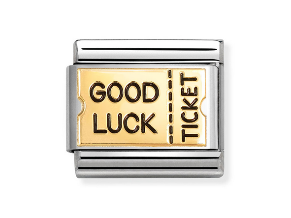 Good Luck Ticket in 18K gold and enamel on stainless steel.