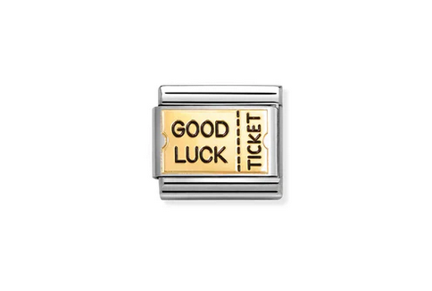 Good Luck Ticket in 18K gold and enamel on stainless steel.