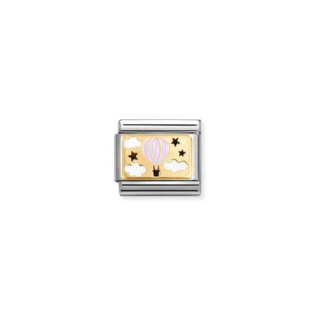 Hot Air Balloon in 18K gold with pink and black enamel Charm