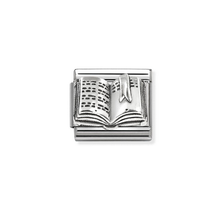 Book symbol in sterling silver relief on stainless steel.