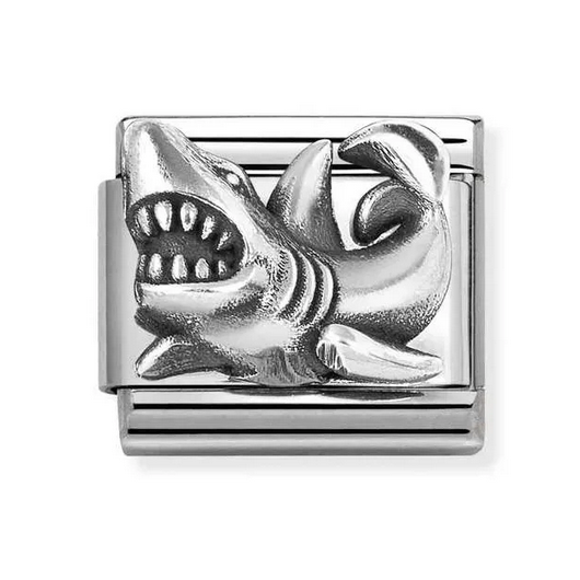 Shark symbol in sterling silver relief on stainless steel.