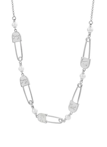 Runaway Safety Pin Chain Necklace - Freshwater Pearls - Silver