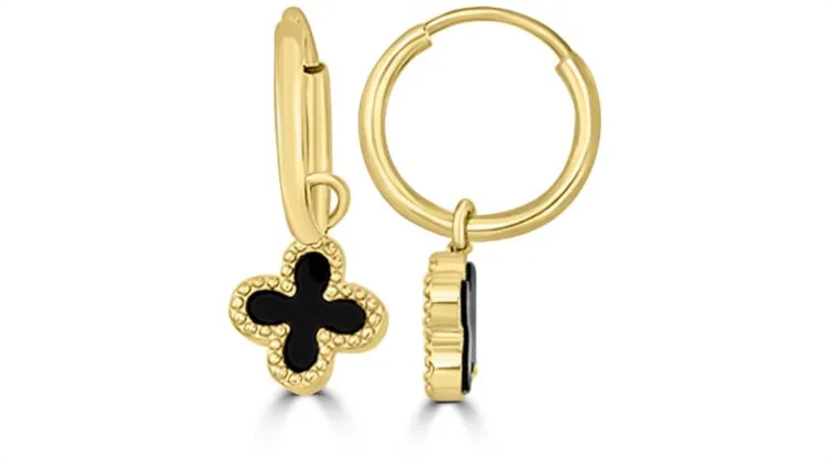 Black Onyx Clover Huggie - 9k YG