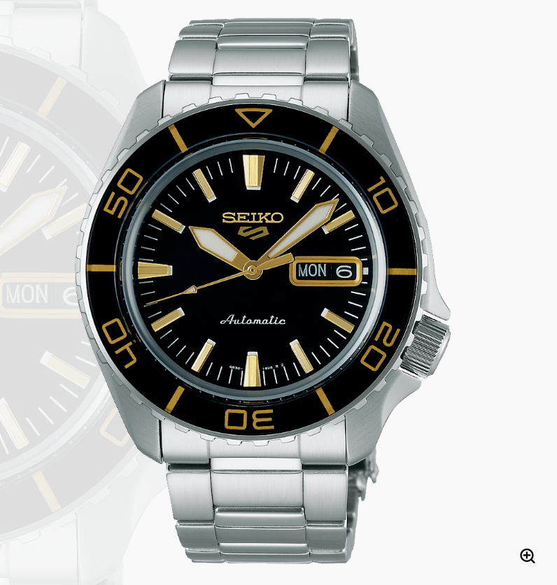 Seiko 5 Sports Black Dial Watch - With Gold
