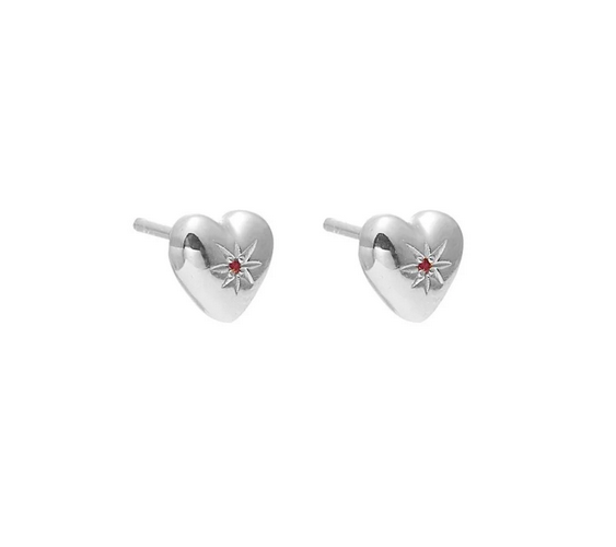 Petite Puffed Heart Stud Earrings Ruby + Silver