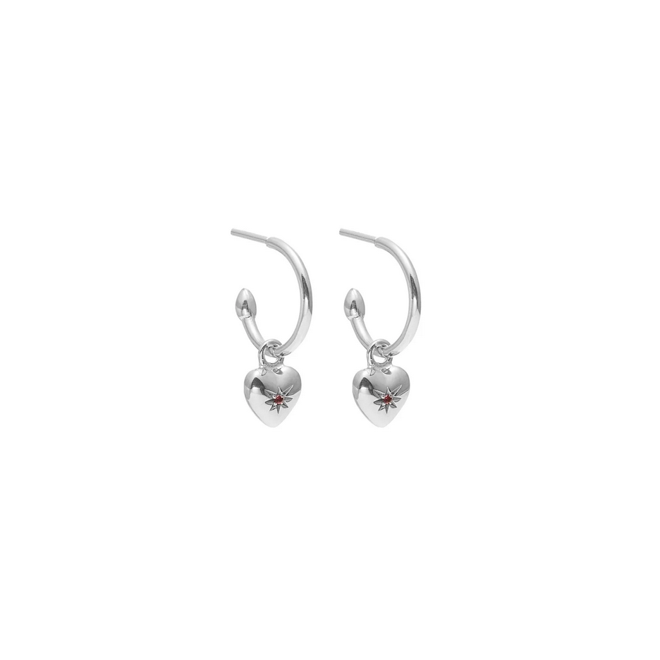 Petite Puffed Heart Hoop Earrings Ruby + Silver