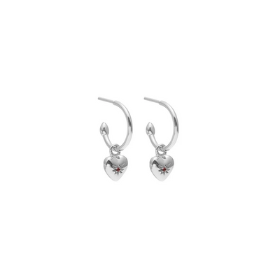 Petite Puffed Heart Hoop Earrings Ruby + Silver