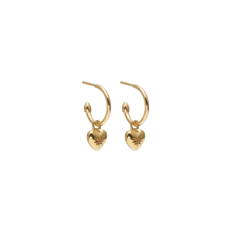 Petite Puffed Heart Hoop Earrings Ruby + Gold