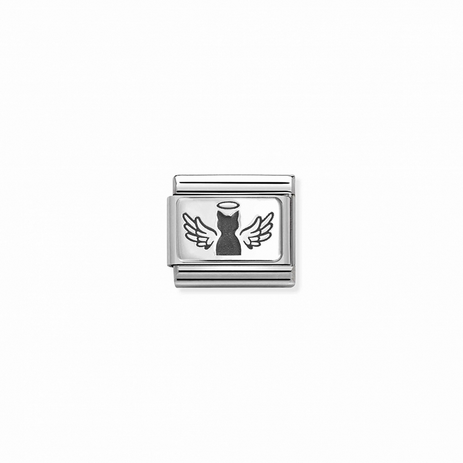 Angel Cat symbol in silver and black enamel.