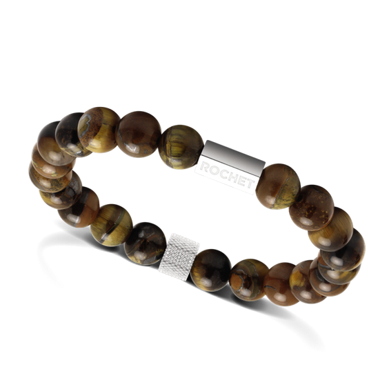 Zen: 8mm Tiger Eyes and Knurled steel Elastic Bracelet.