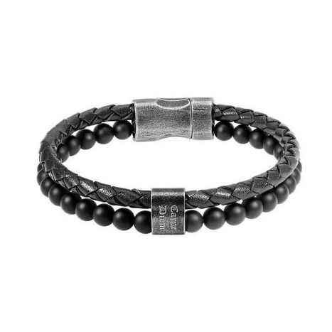 Karma - Bracelet Rochet - Black Leather and Beads