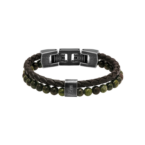 Karma - Bracelet Rochet - Brown Braided Leather and Green Jasper Beaded Leather