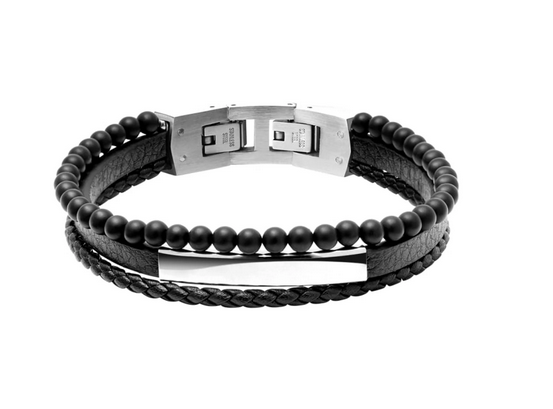 Yale - Steel Polished Bracelet - Black Flat Leather Strap with Black Agates