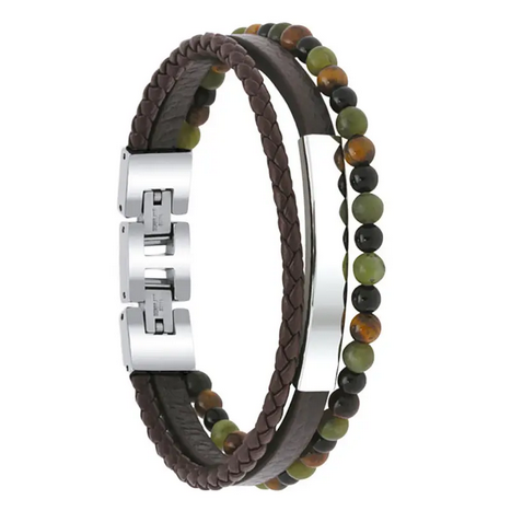 Yale - Steel Polished Bracelet - Brown Flat Leather Strap with Jasper