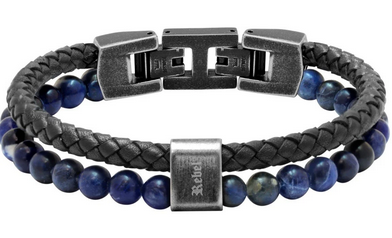 Karma - Bracelet Rochet - Navy Braided Leather and Beaded Leather