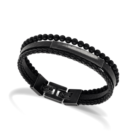 Yale - Vintage Steel Bracelet -Black Leather Strap - Black Agates - 21cm - Adjustable