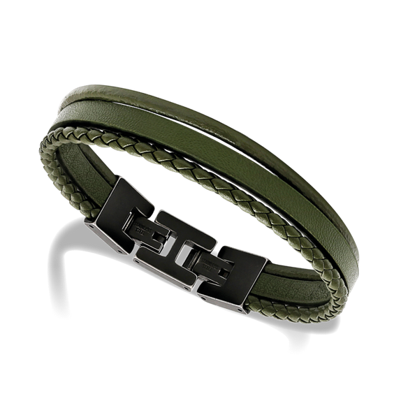 Stanford - 3 Strand Khaki Green Flat Braided and Round Leather Straps 21cm. Adjustable