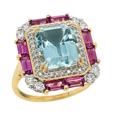 Aquamarine, Rhodilite Garnet & Diamond Ring