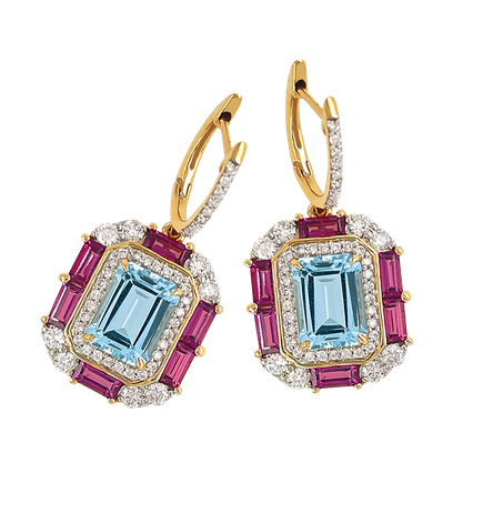 Aquamarine, Rhodilite Garnet & Diamond Earrings
